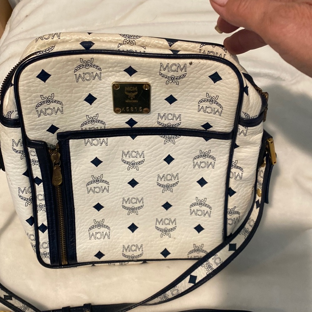 MCM white/ navy spacious crossbody bag